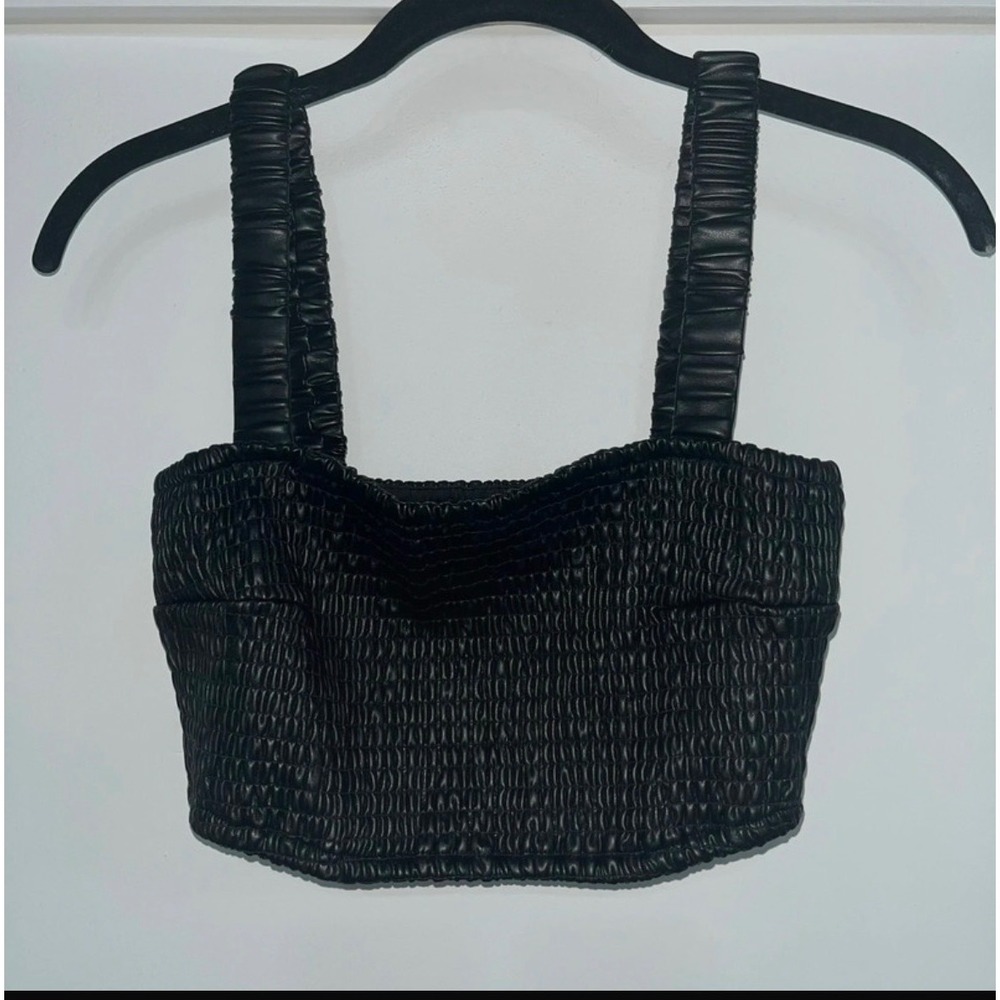 House of Harlow 1960 Black Faux Leather Smocked Crop Top Ruched Straps Small